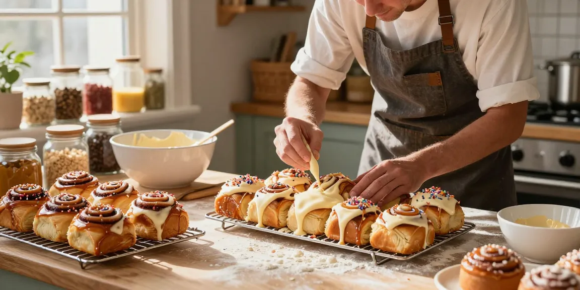Cinnamon buns Calgary freshly decorated with cream cheese icing and caramel in a charming bakery.