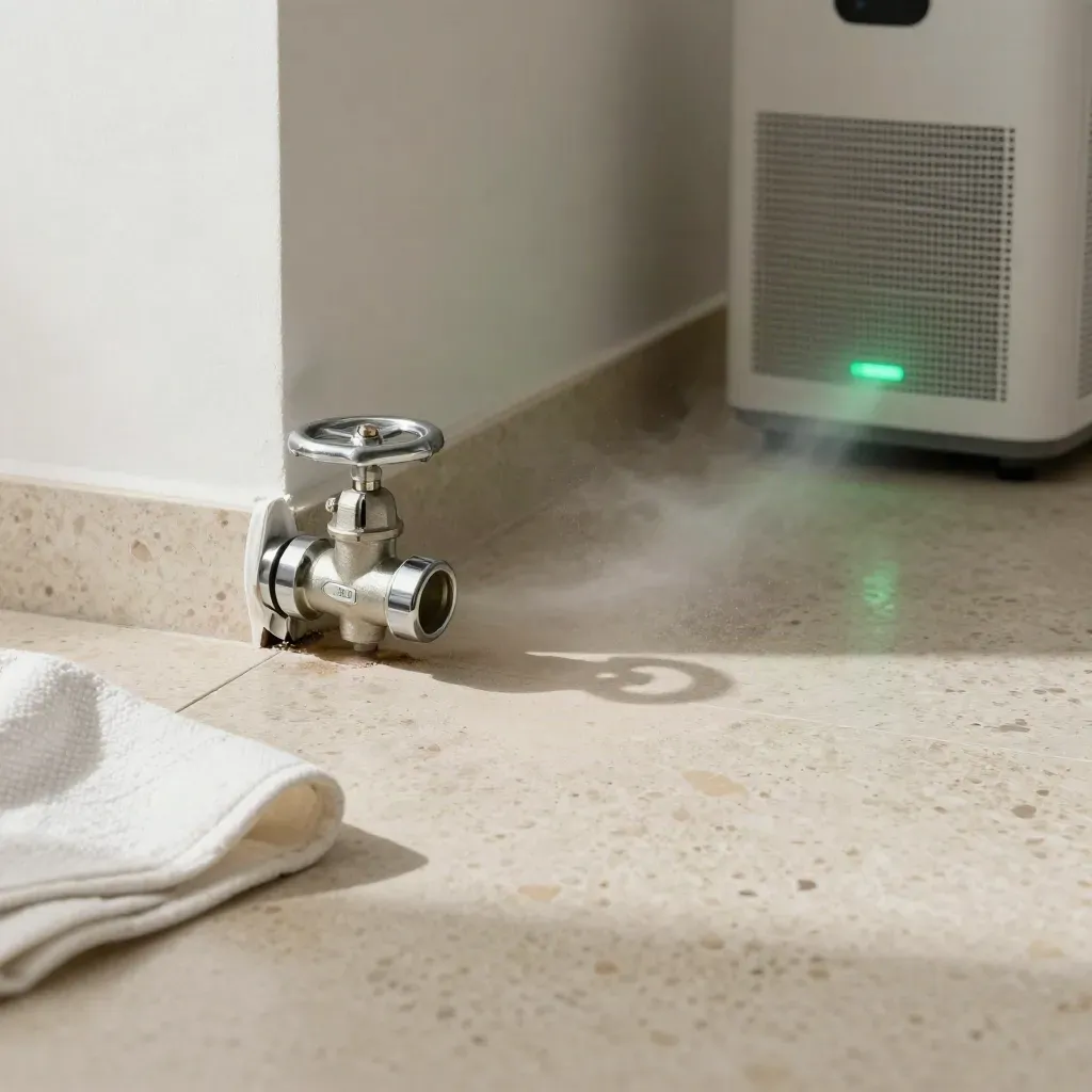 Floor-level repair corner with pipe wrap, shutoff valve, drop cloth, and dehumidifier on drying tile.