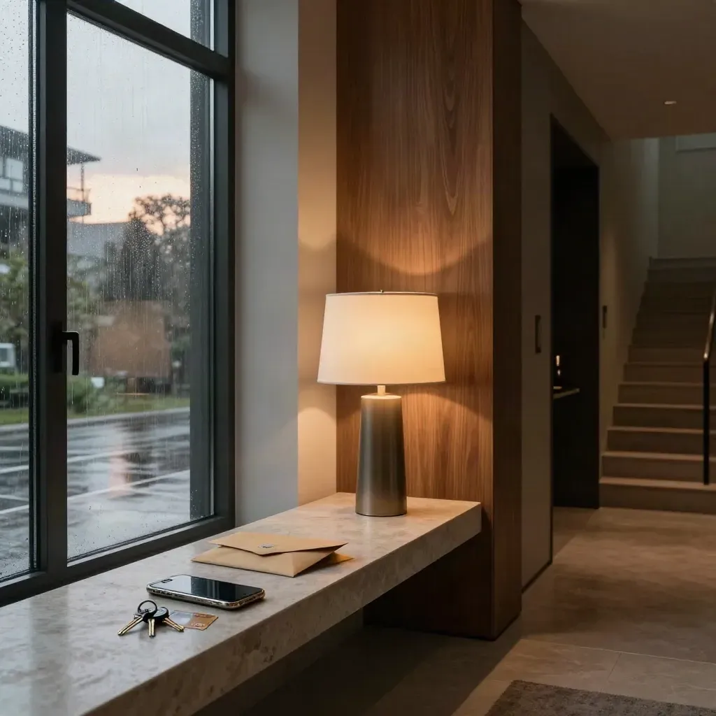 Modern condo foyer with phone, bank card, keys and envelope under a lamp in drizzle