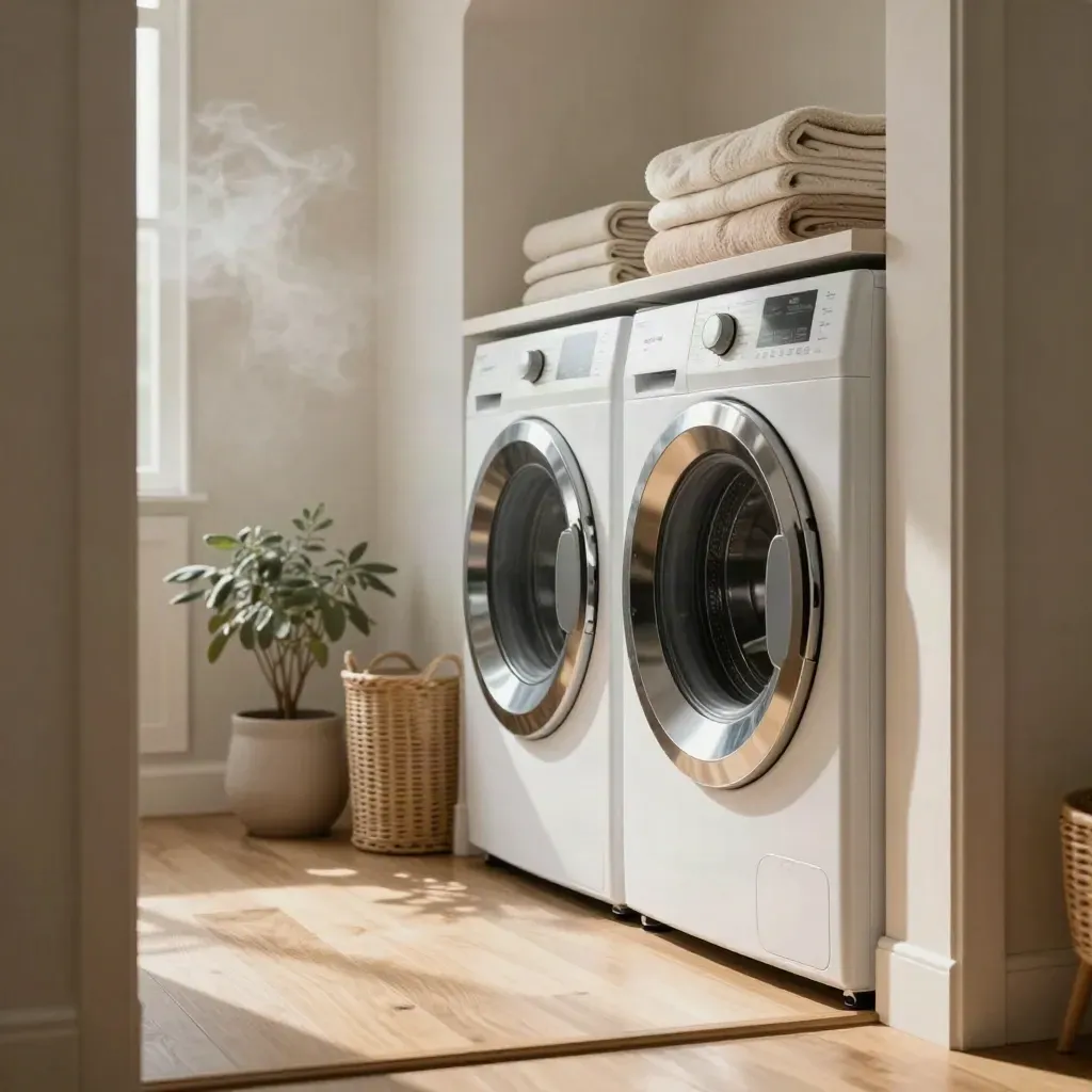 Washer-dryer pair in a bright laundry nook with blankets, basket, and plant pot
