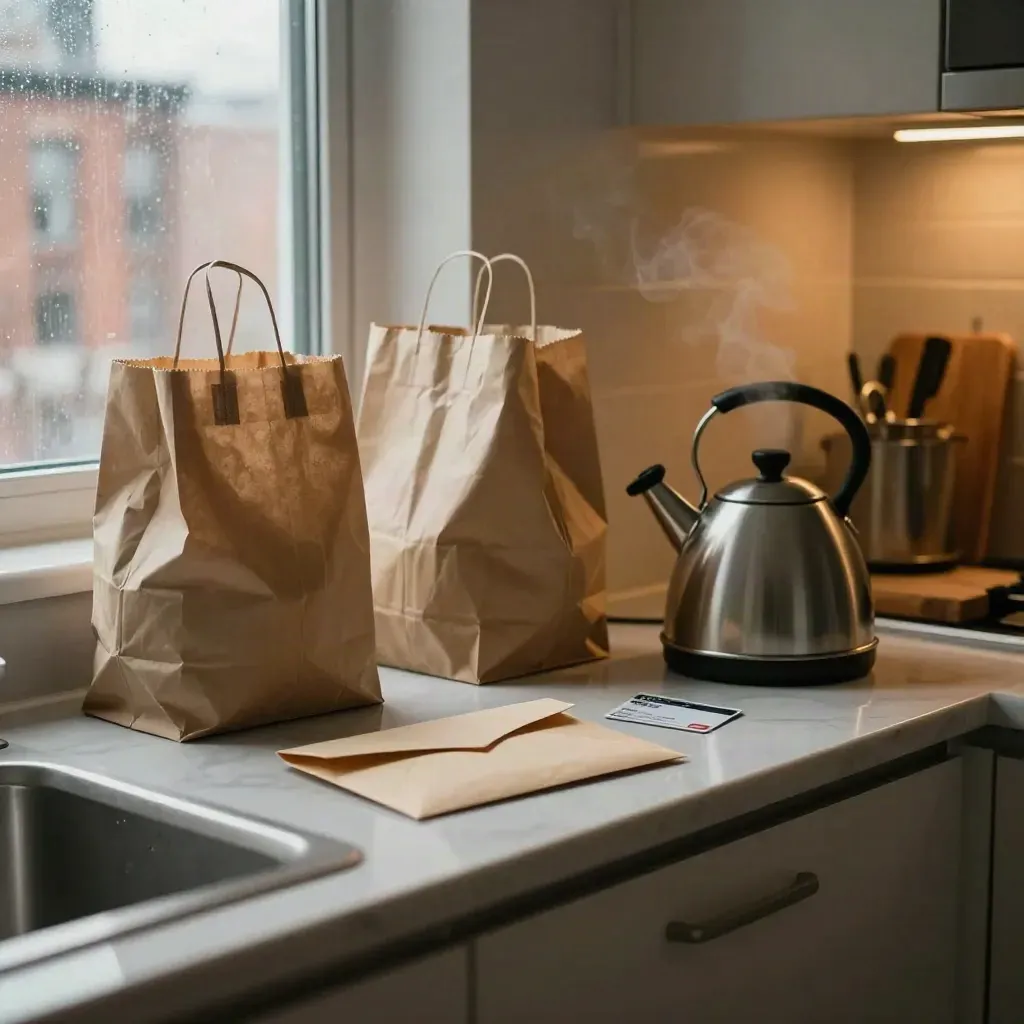 Toronto kitchen counter with groceries, face-down envelope, transit card, and steaming kettle by a rainy window.