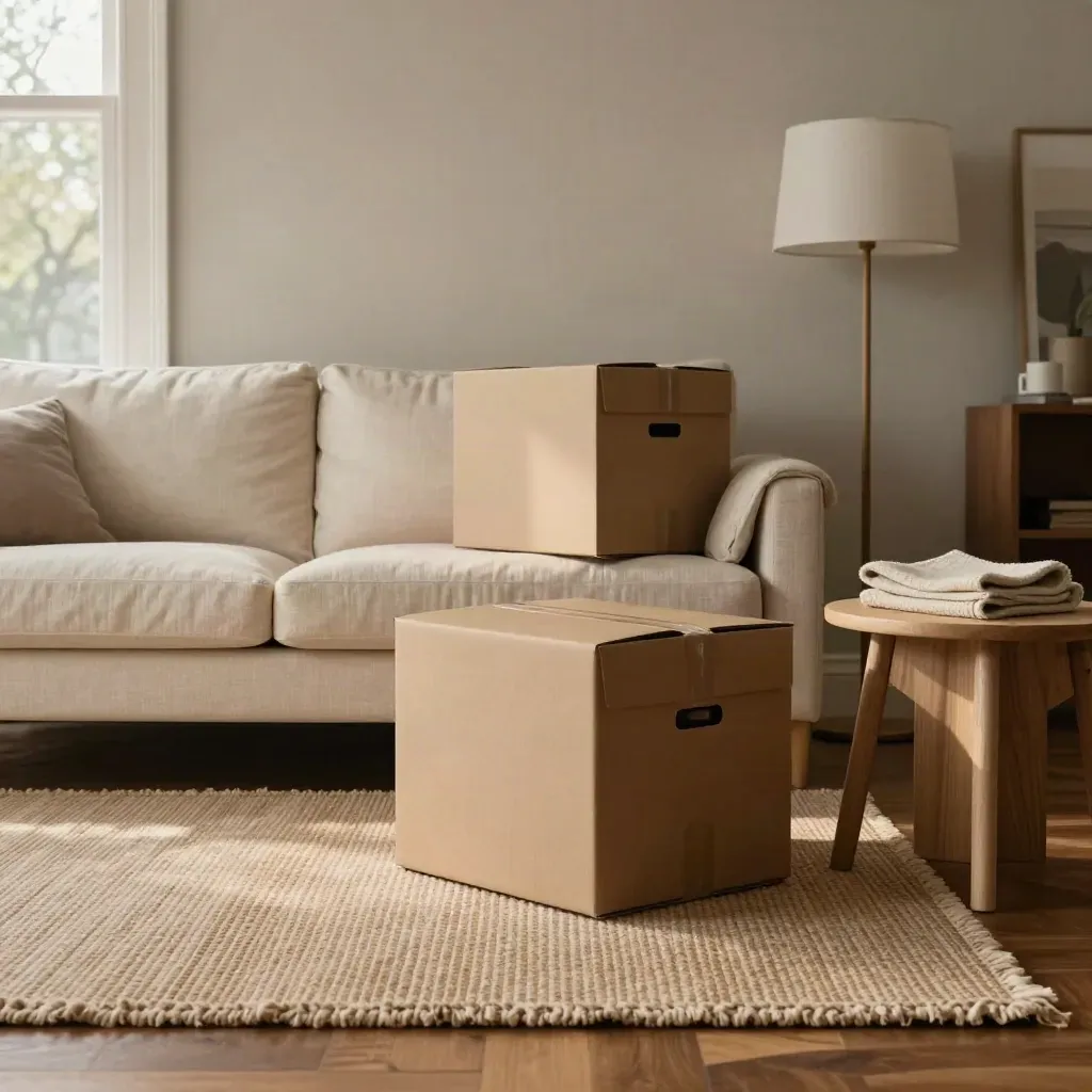 Low-angle living room with sofa, sealed boxes, floor lamp and rug in soft daylight.