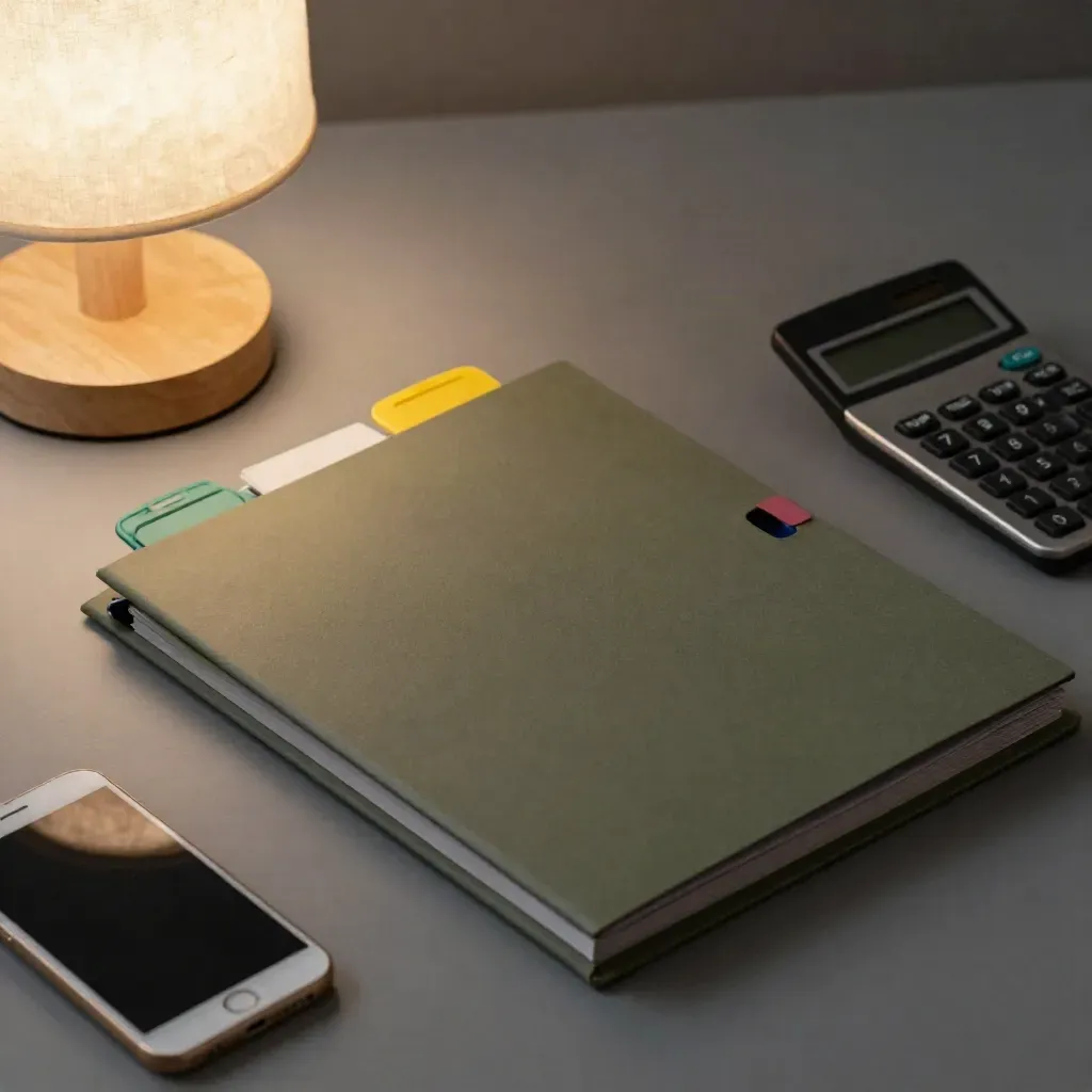 Moody approval-guidance file corner with tabs, calculator, silent phone, and lamp.