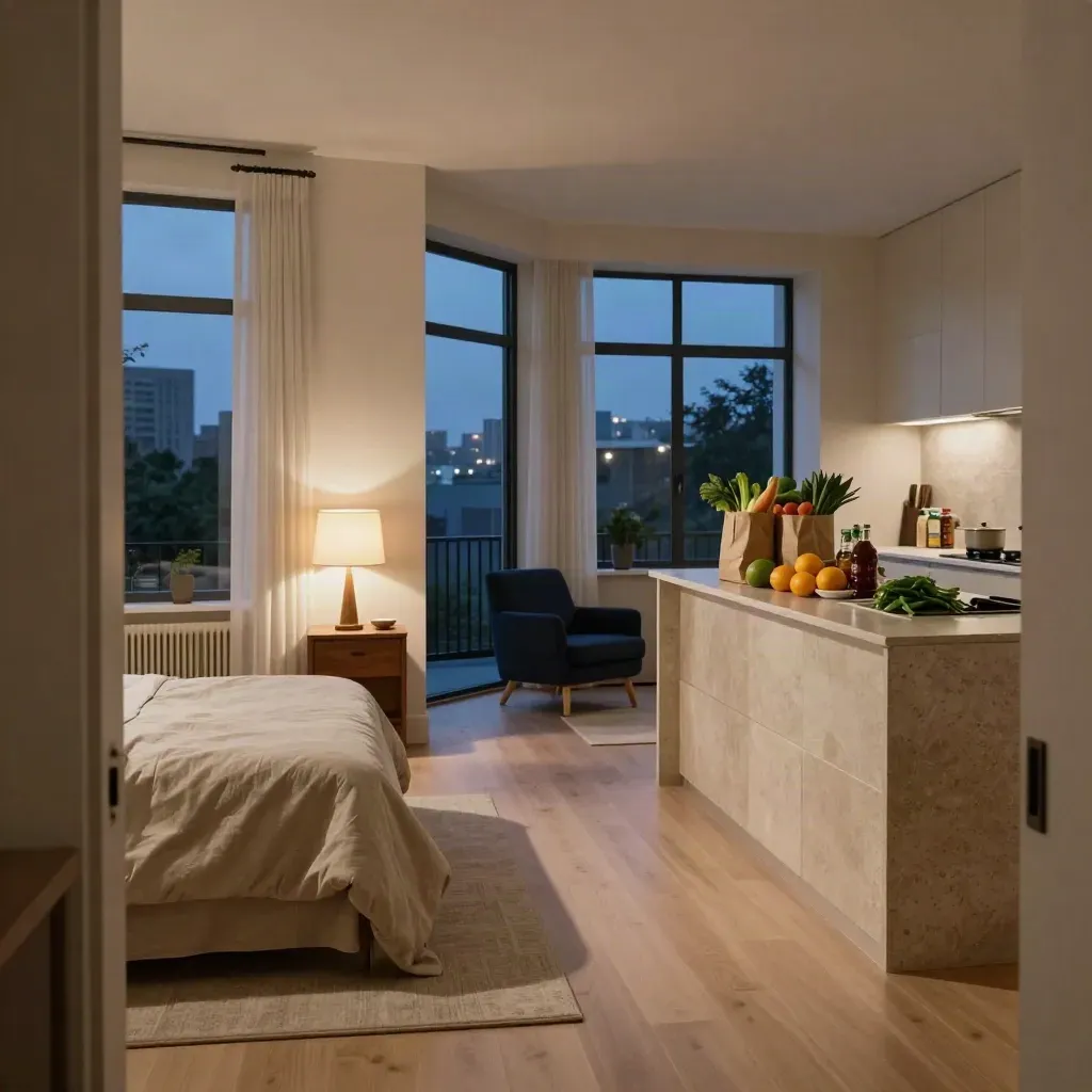 Downtown apartment at dusk with made bed, groceries on counter, and lights on