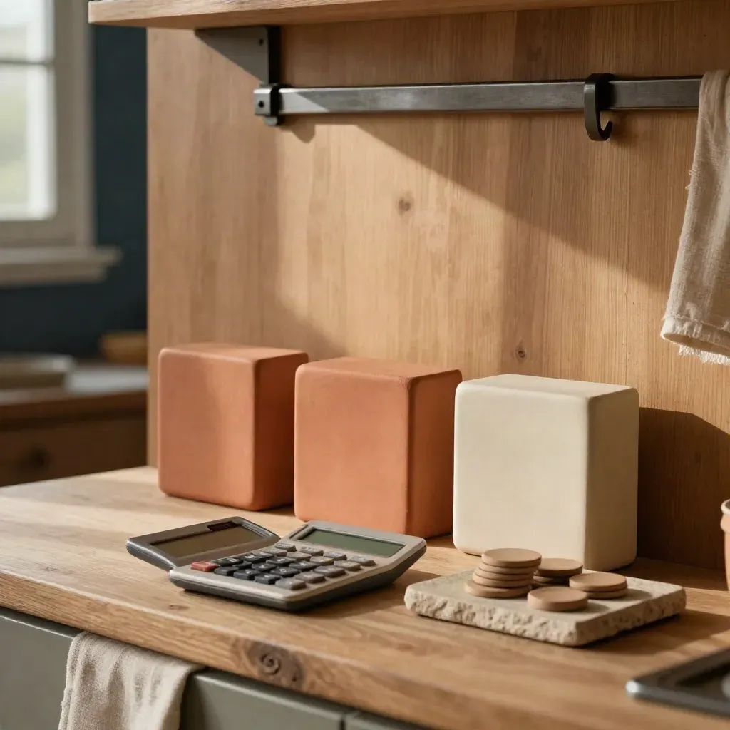 Ceramic repayment tokens, calculator, and wall blocks on a warm kitchen surface in soft morning light