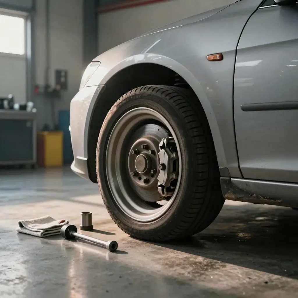 Sedan in a garage bay, wheel reinstalled and brake hardware gleaming beside neatly parked tools.