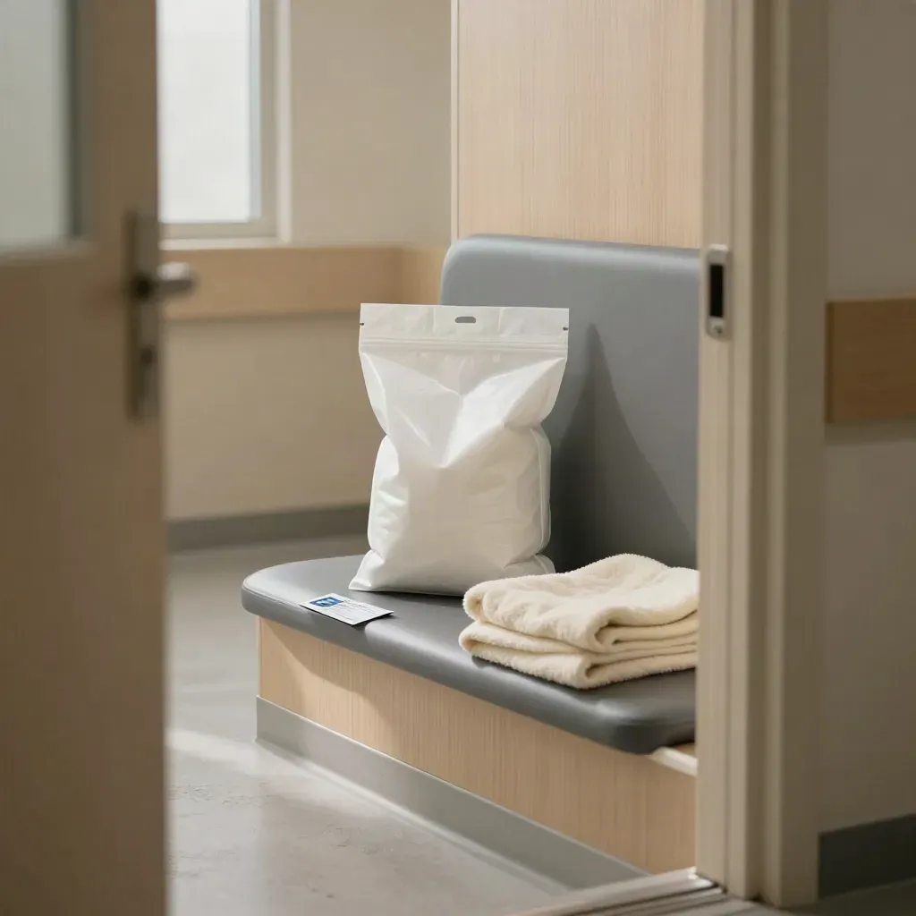 Quiet clinic nook with medication bag, folded blanket, and face-down parking pass