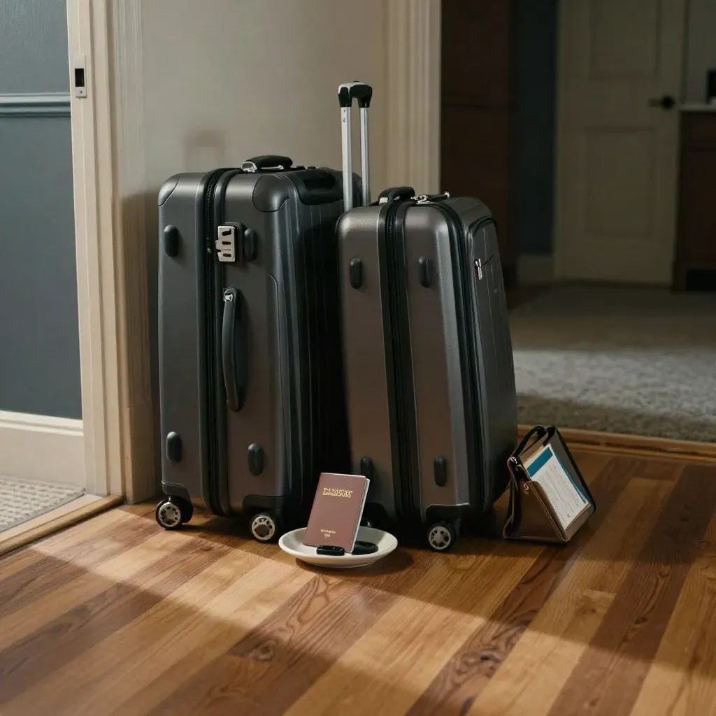 Two suitcases, passport holder, and key tray by a condo door, ready for travel.