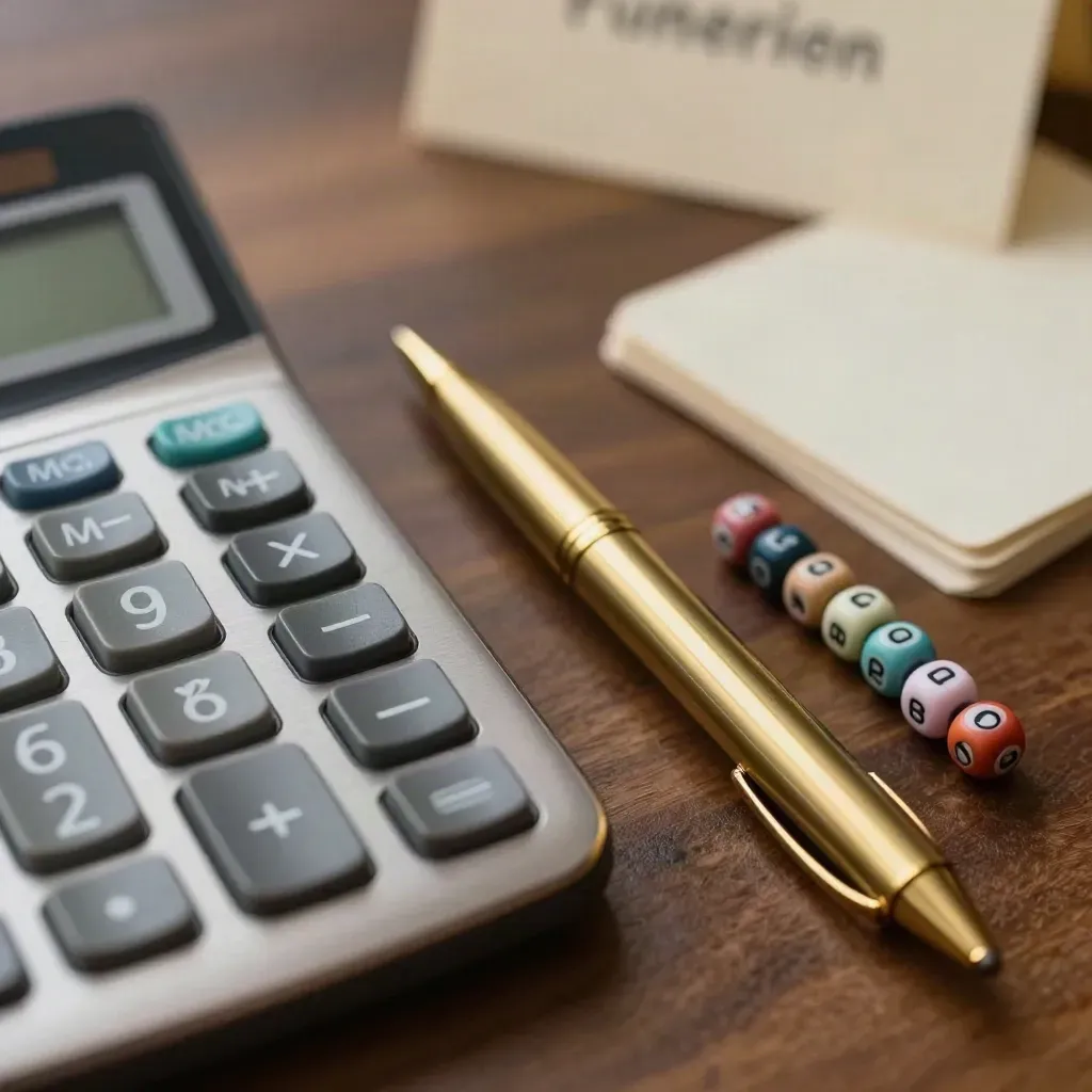 Calculator, brass pen and budget beads on a walnut desk in soft macro light.