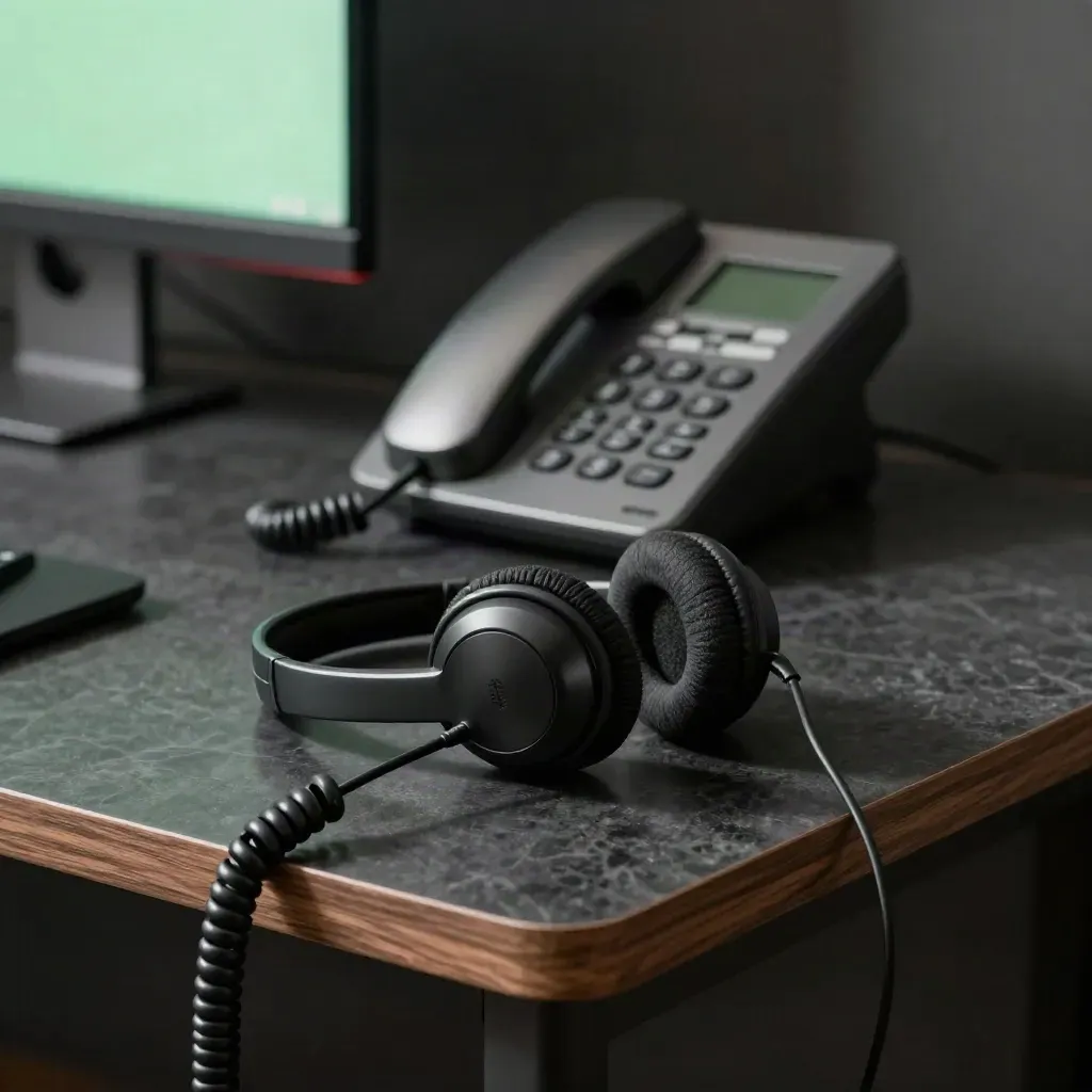 Corded headset, desk phone cradle and monitor edge on a charcoal support station with green status light.