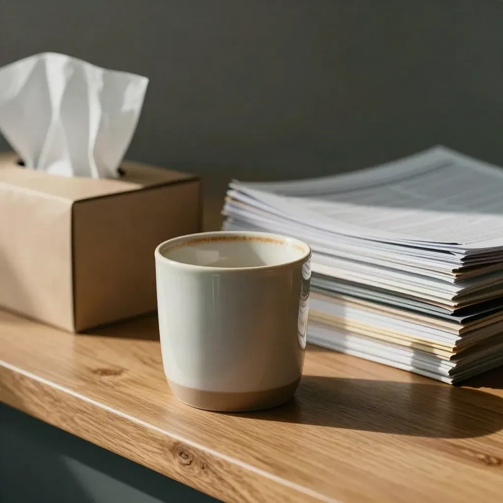 Ceramic mug, tissue box corner, and tabbed file stack on a warm oak counter.