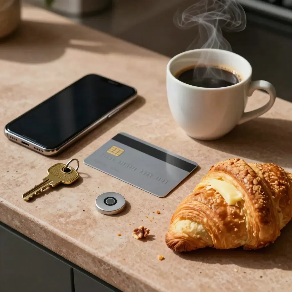 Overhead morning reset with coffee, croissant, phone, house key, card, and token.