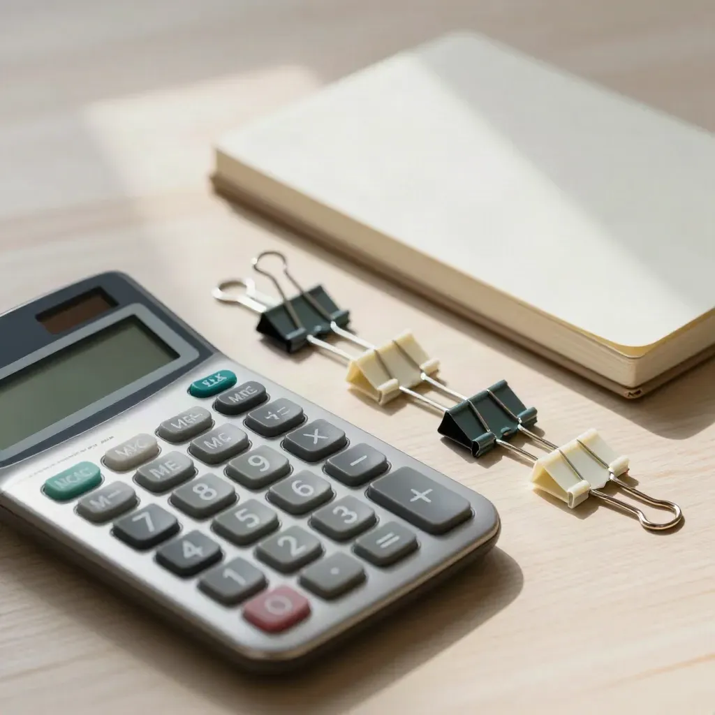 Top-down still life of a calculator, binder clips, color tabs and a closed notebook on pale wood.