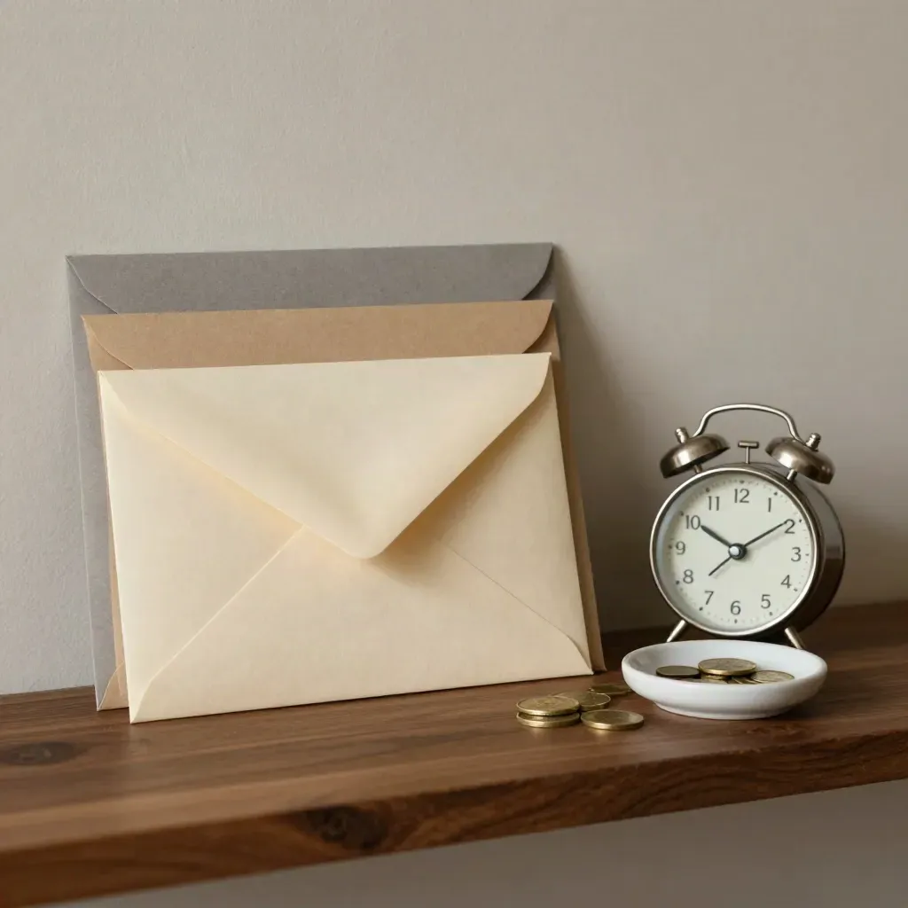 Nested envelopes, small clock and coin dish on a dark shelf in soft side light.