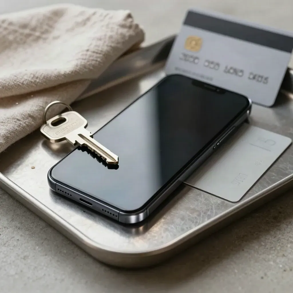 Phone, house key and bank card on a brushed stone tray with a soft deposit glow