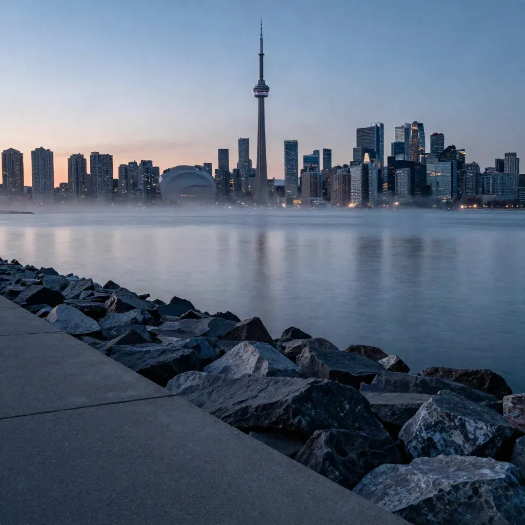 Toronto skyline at blue hour over Lake Ontario with calm shoreline and haze