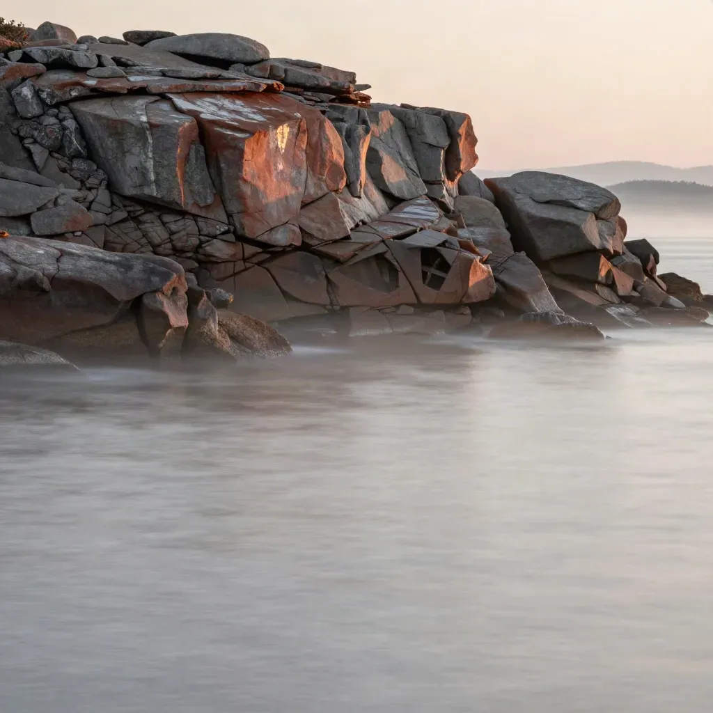 Foggy Atlantic Canada coast with granite headland, red sandstone, and calm water at dawn